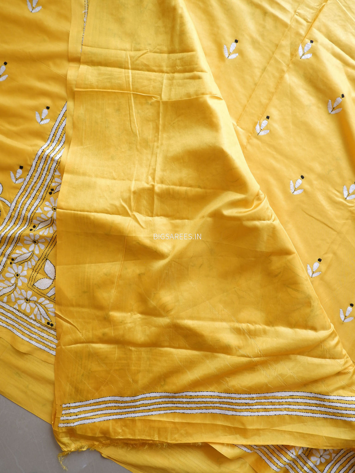 Kantha - Stitch Hand Embroidered Saree | Blended Bangalore Silk / Art Silk | Yellow