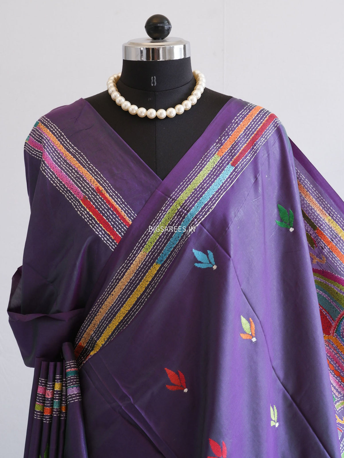 Kantha-Stitch Hand Embroidered Saree | Blended Bangalore Silk / Art Silk | Deep Violet (Dual Tone)