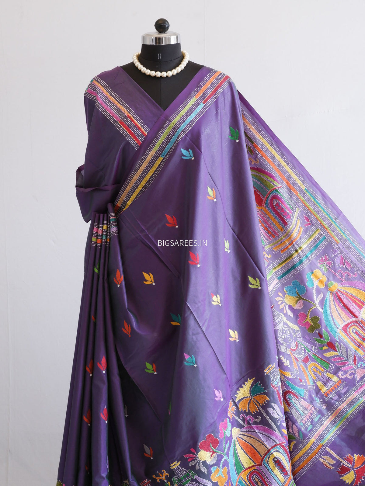 Kantha-Stitch Hand Embroidered Saree | Blended Bangalore Silk / Art Silk | Deep Violet (Dual Tone)