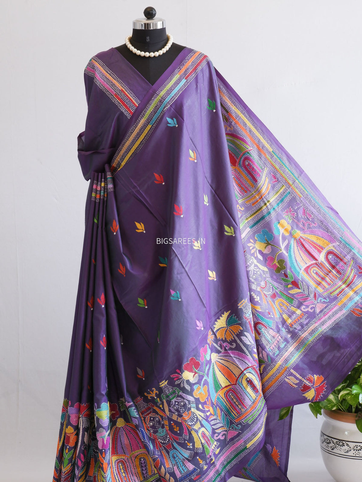 Kantha-Stitch Hand Embroidered Saree | Blended Bangalore Silk / Art Silk | Deep Violet (Dual Tone)