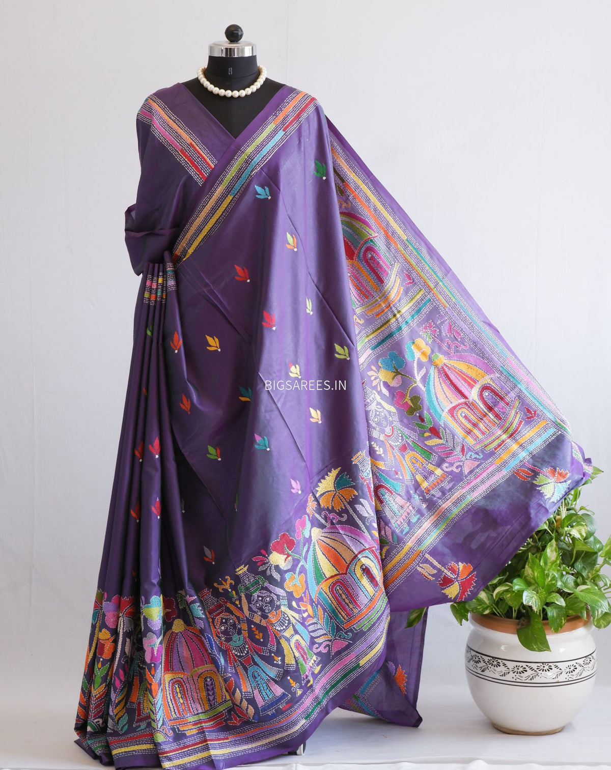 Kantha-Stitch Hand Embroidered Saree | Blended Bangalore Silk / Art Silk | Deep Violet (Dual Tone)