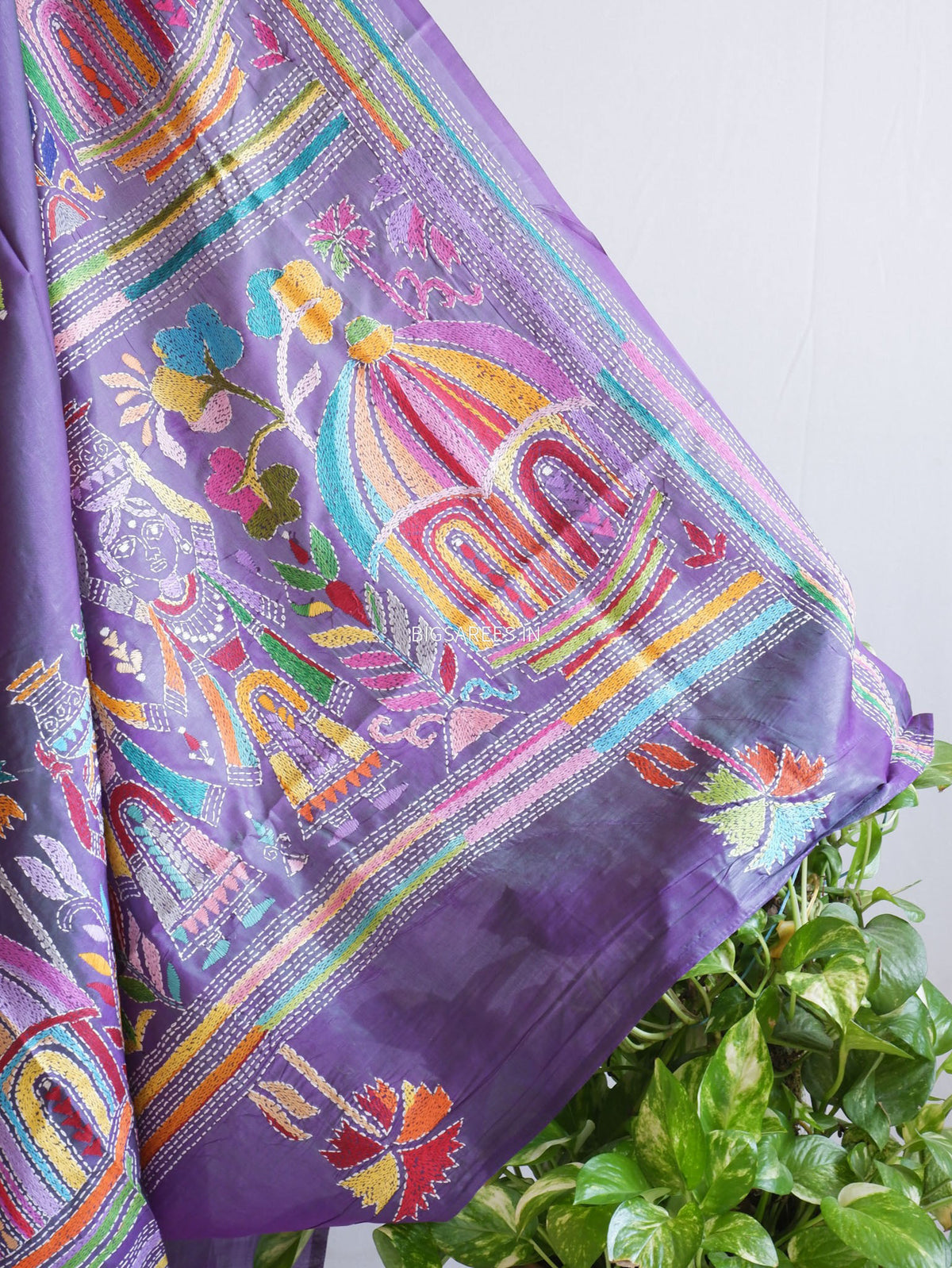 Kantha-Stitch Hand Embroidered Saree | Blended Bangalore Silk / Art Silk | Deep Violet (Dual Tone)