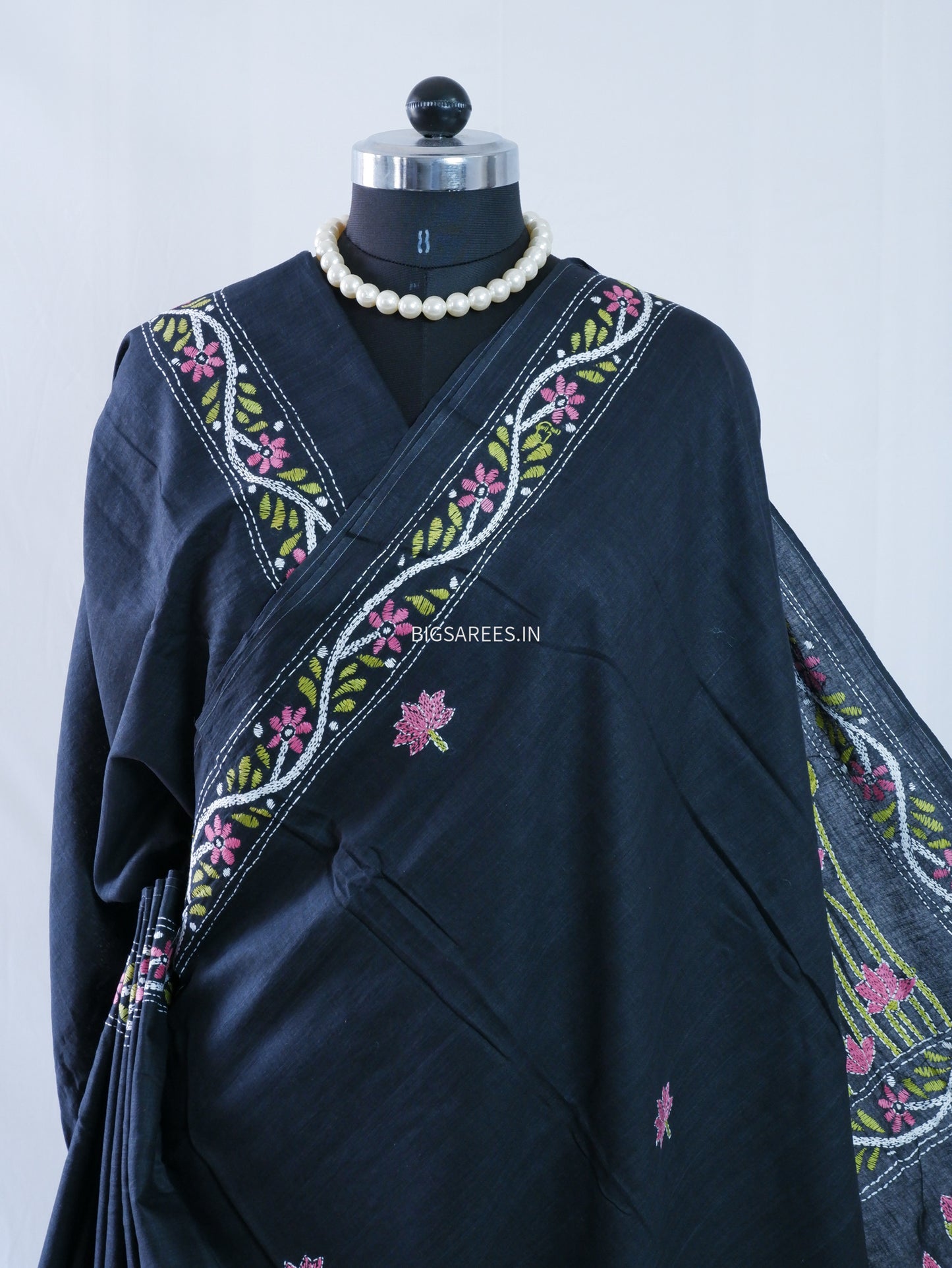 Kantha stitch Khadi Cotton Saree - Black