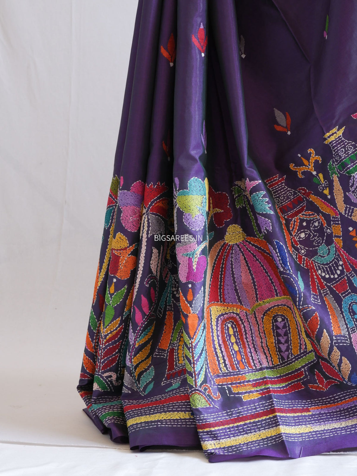 Kantha-Stitch Hand Embroidered Saree | Blended Bangalore Silk / Art Silk | Deep Violet (Dual Tone)