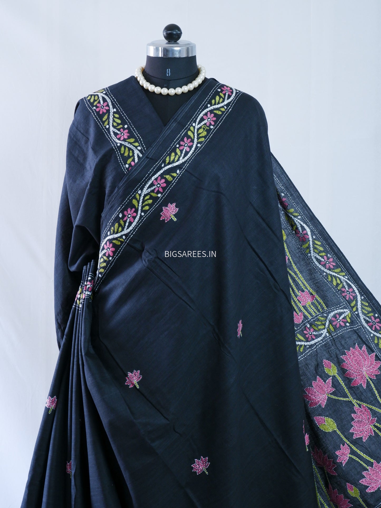 Kantha stitch Khadi Cotton Saree - Black