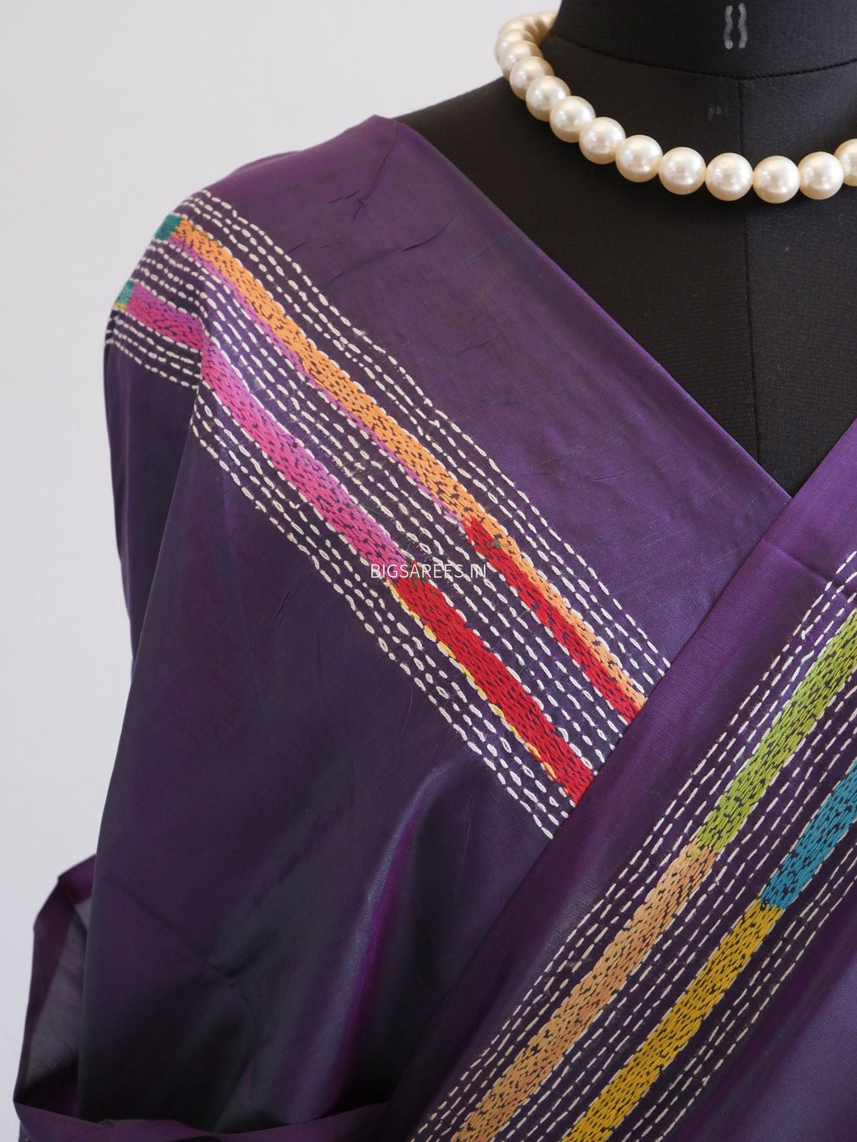 Kantha-Stitch Hand Embroidered Saree | Blended Bangalore Silk / Art Silk | Deep Violet (Dual Tone)