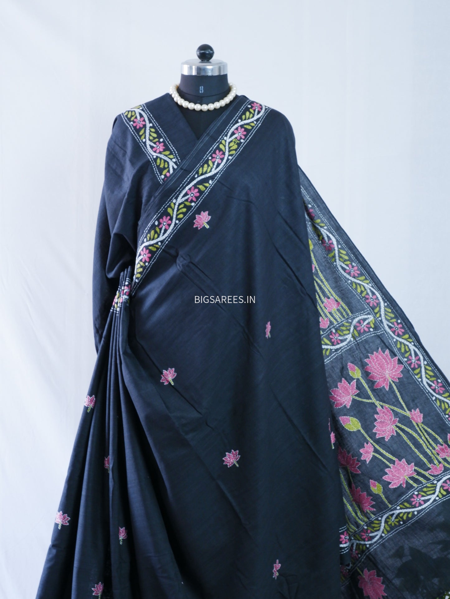 Kantha stitch Khadi Cotton Saree - Black