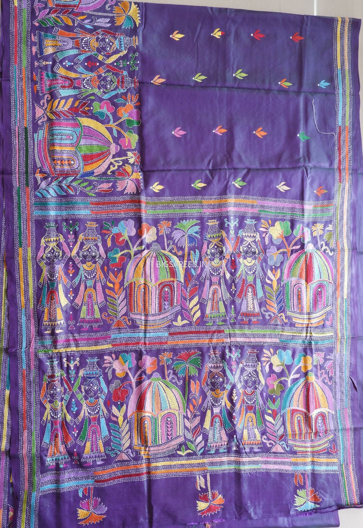 Kantha-Stitch Hand Embroidered Saree | Blended Bangalore Silk / Art Silk | Deep Violet (Dual Tone)