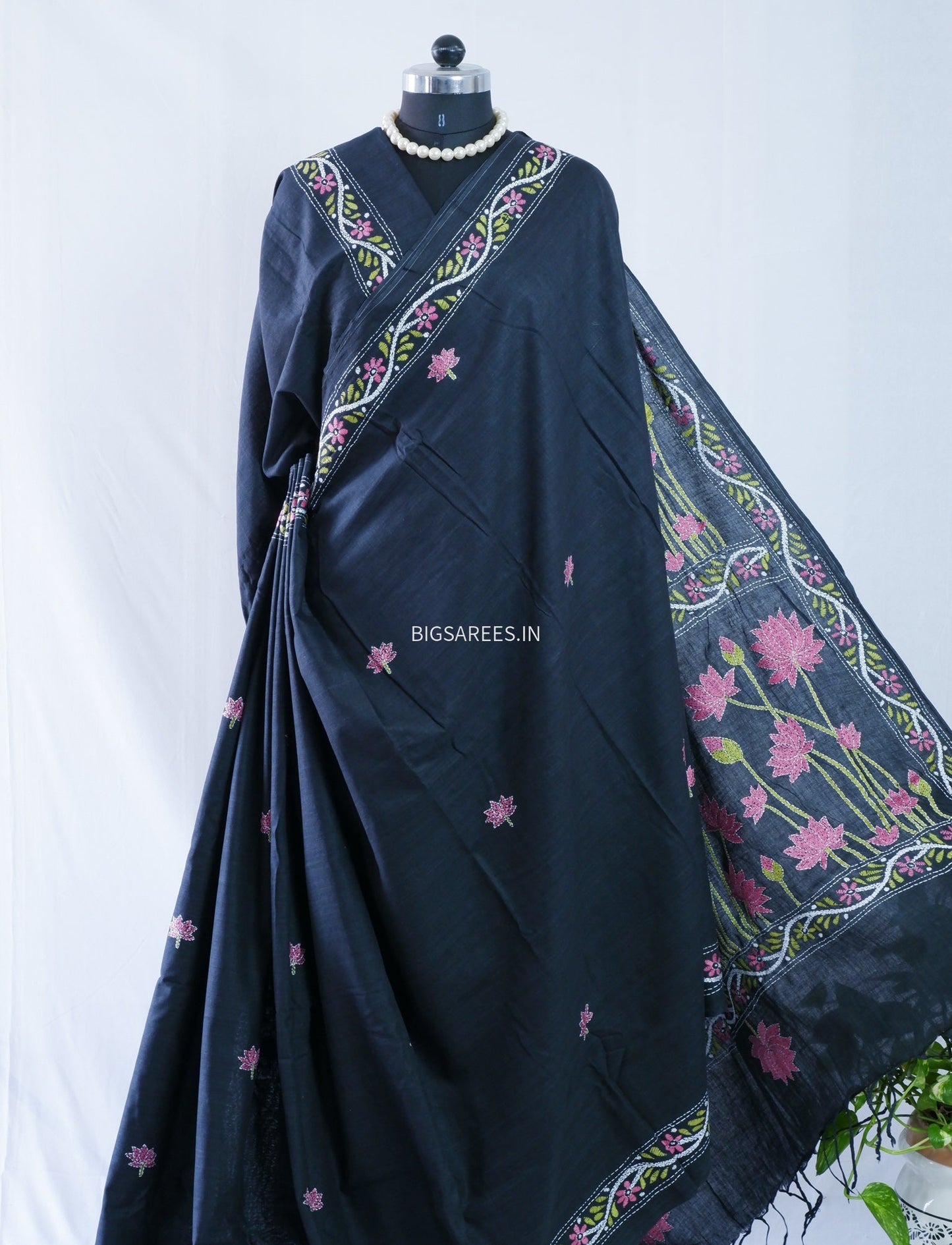 Kantha stitch Khadi Cotton Saree - Black