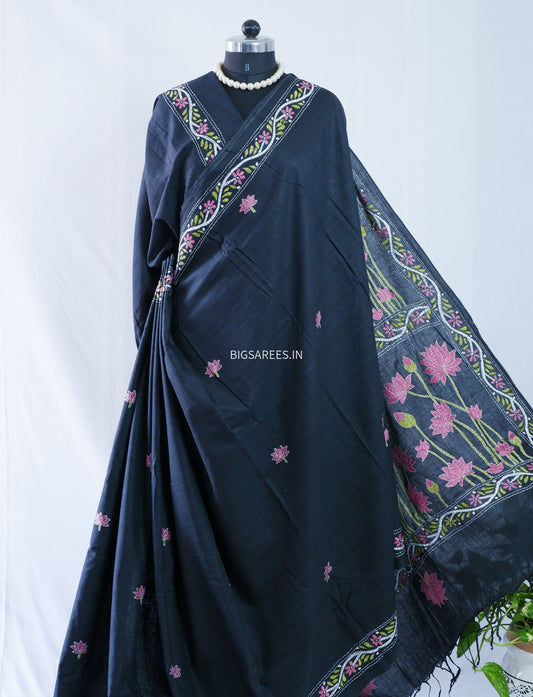 Kantha stitch Khadi Cotton Saree - Black