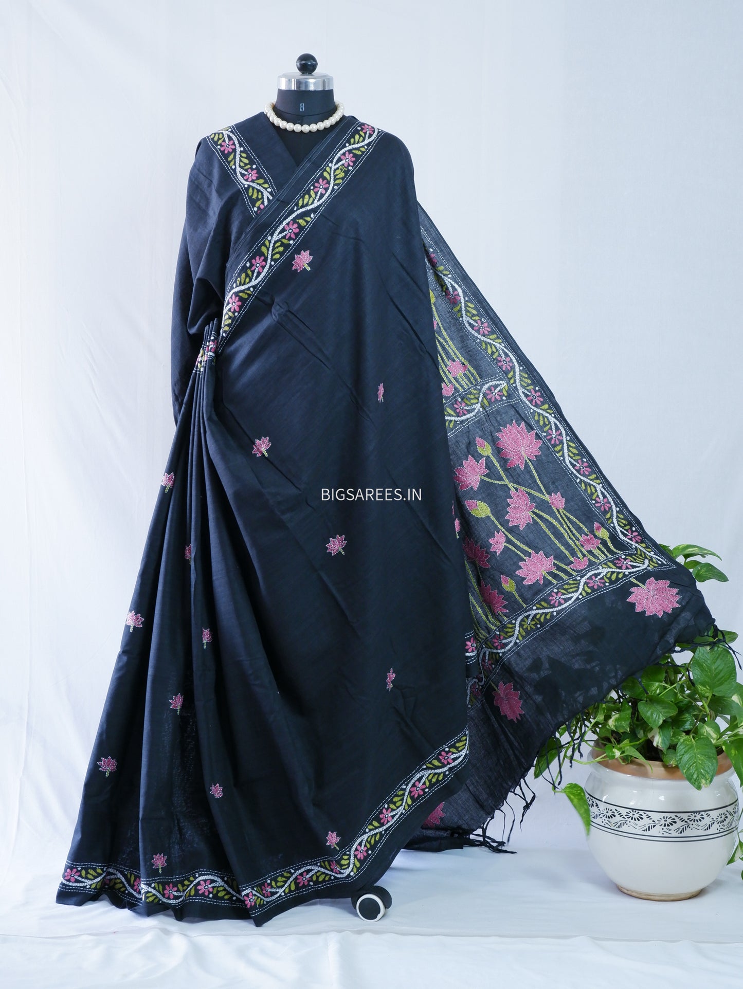 Kantha stitch Khadi Cotton Saree - Black