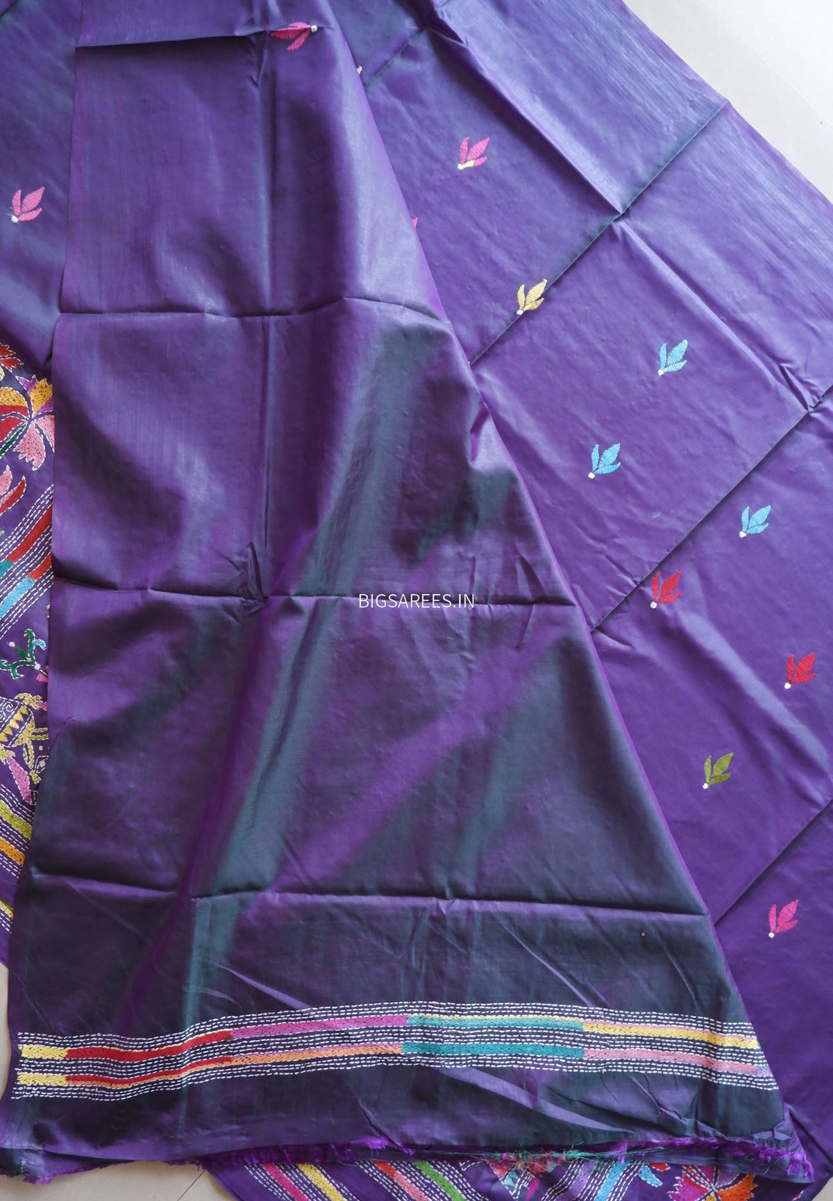 Kantha-Stitch Hand Embroidered Saree | Blended Bangalore Silk / Art Silk | Deep Violet (Dual Tone)