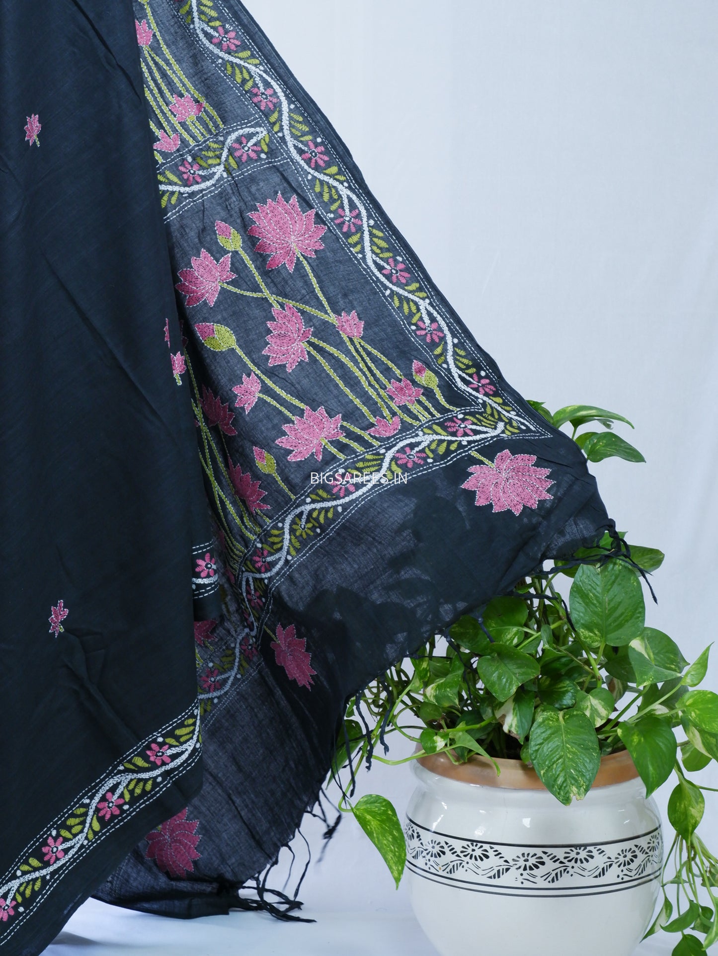 Kantha stitch Khadi Cotton Saree - Black