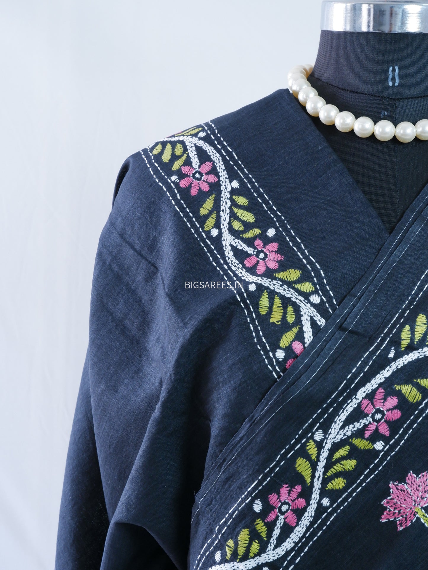 Kantha stitch Khadi Cotton Saree - Black