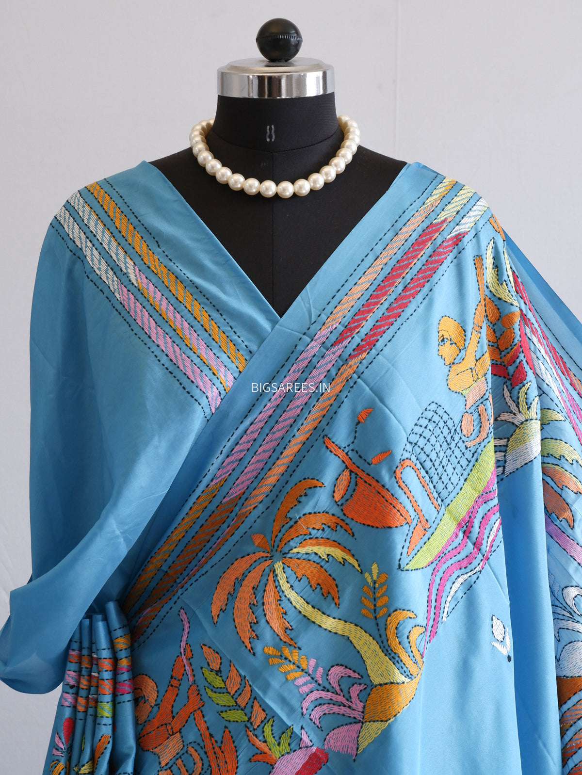 Kantha Stitch Hand Embroidered Saree | Blended Bangalore Silk / Art Silk | Sky Blue