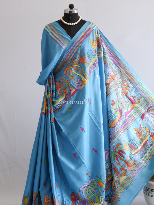Kantha Stitch Hand Embroidered Saree | Blended Bangalore Silk / Art Silk | Sky Blue