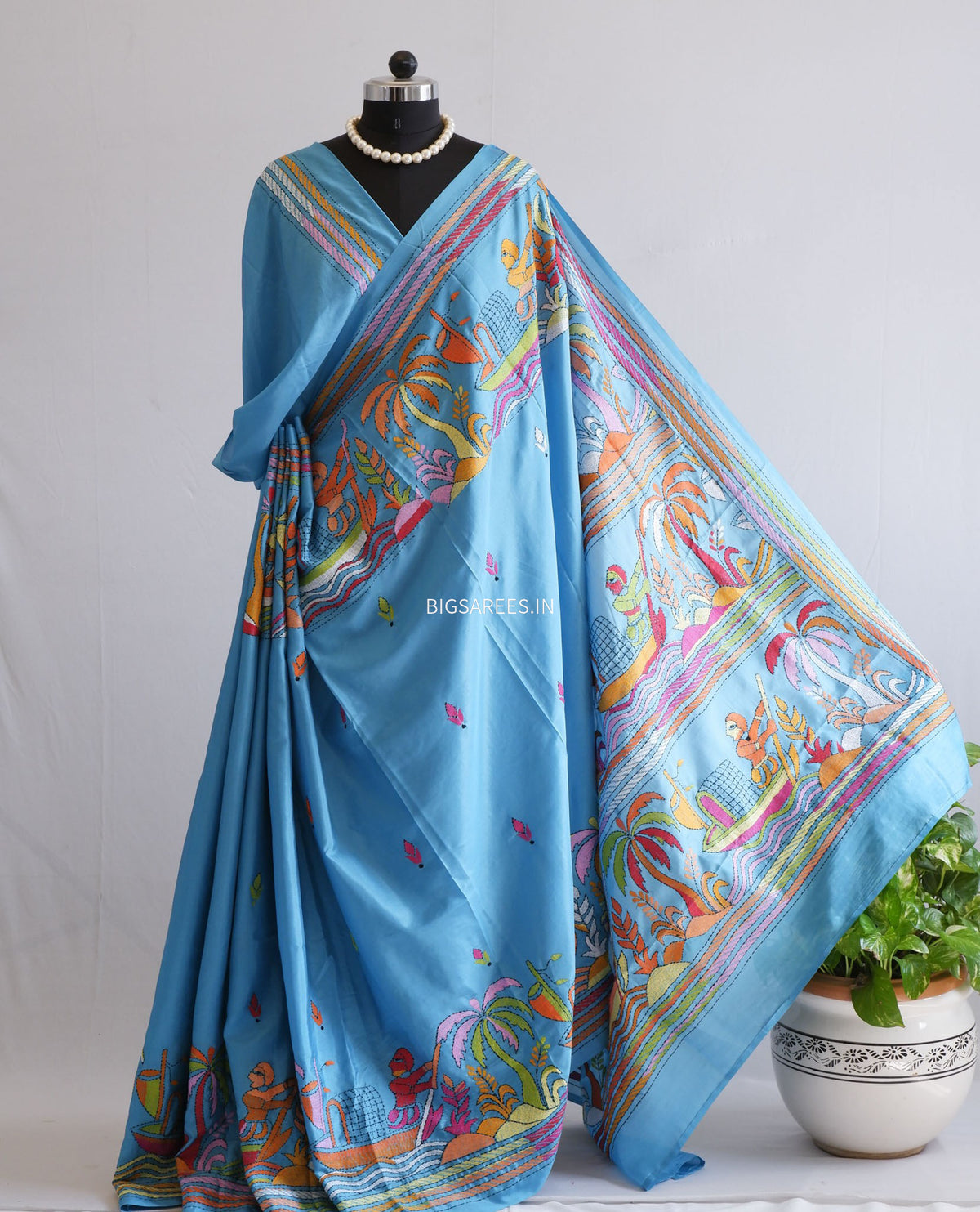 Kantha Stitch Hand Embroidered Saree | Blended Bangalore Silk / Art Silk | Sky Blue