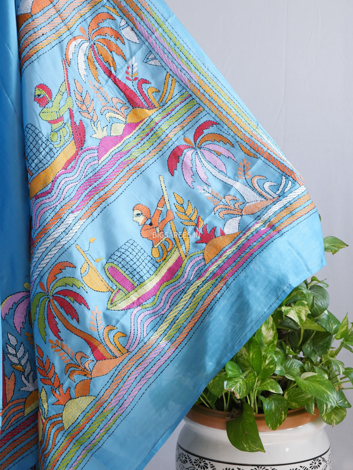 Kantha Stitch Hand Embroidered Saree | Blended Bangalore Silk / Art Silk | Sky Blue