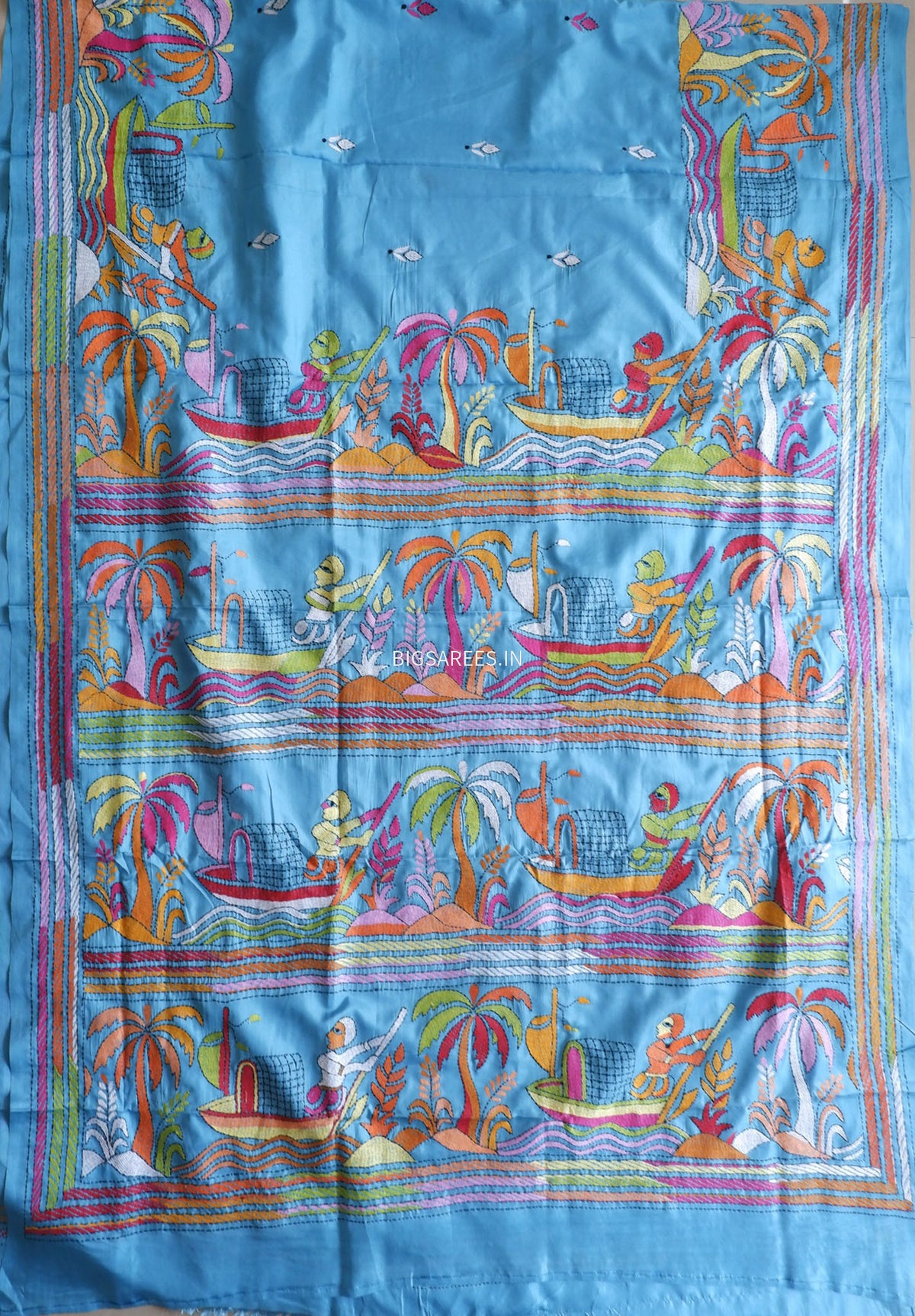 Kantha Stitch Hand Embroidered Saree | Blended Bangalore Silk / Art Silk | Sky Blue