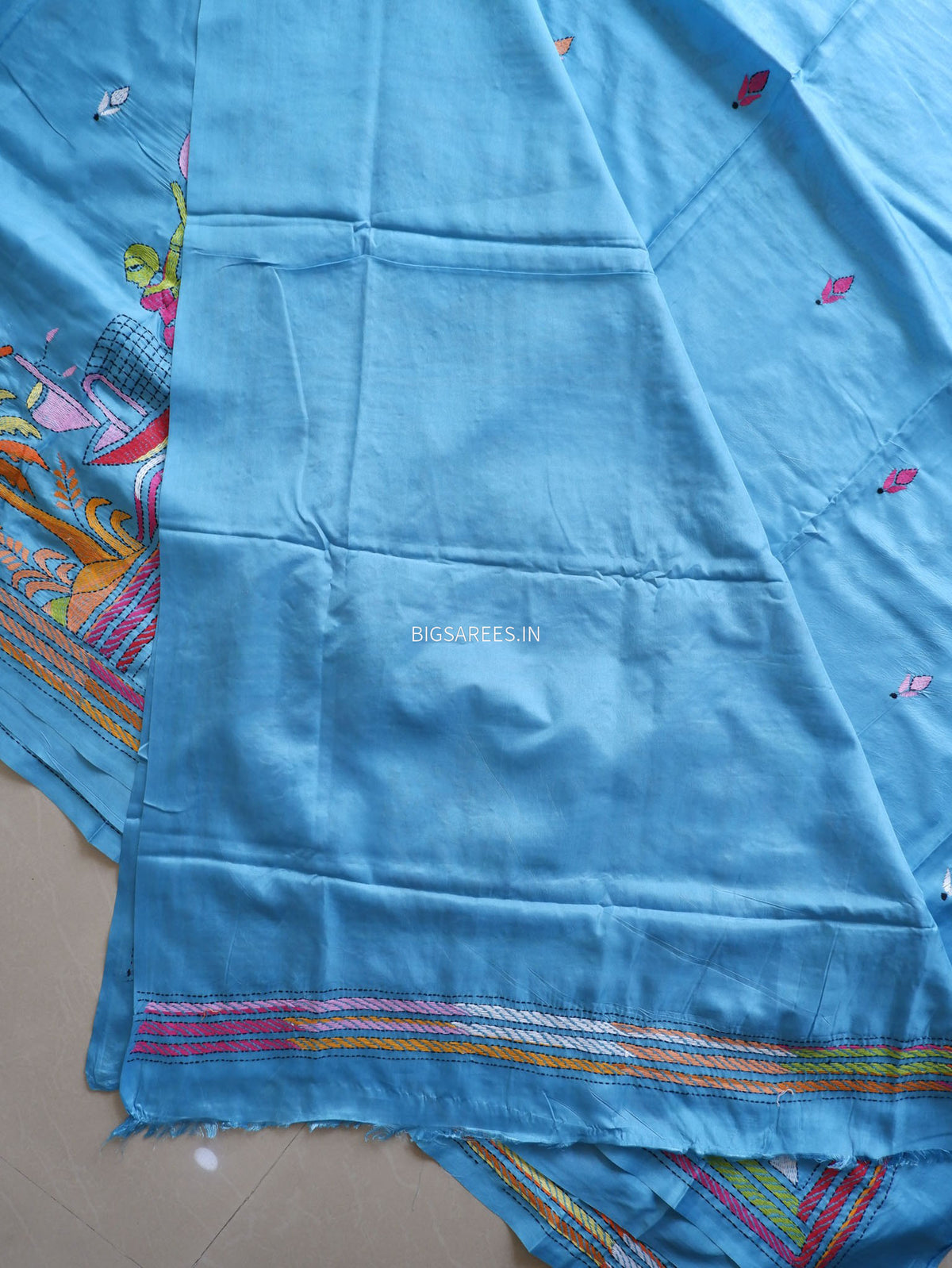 Kantha Stitch Hand Embroidered Saree | Blended Bangalore Silk / Art Silk | Sky Blue