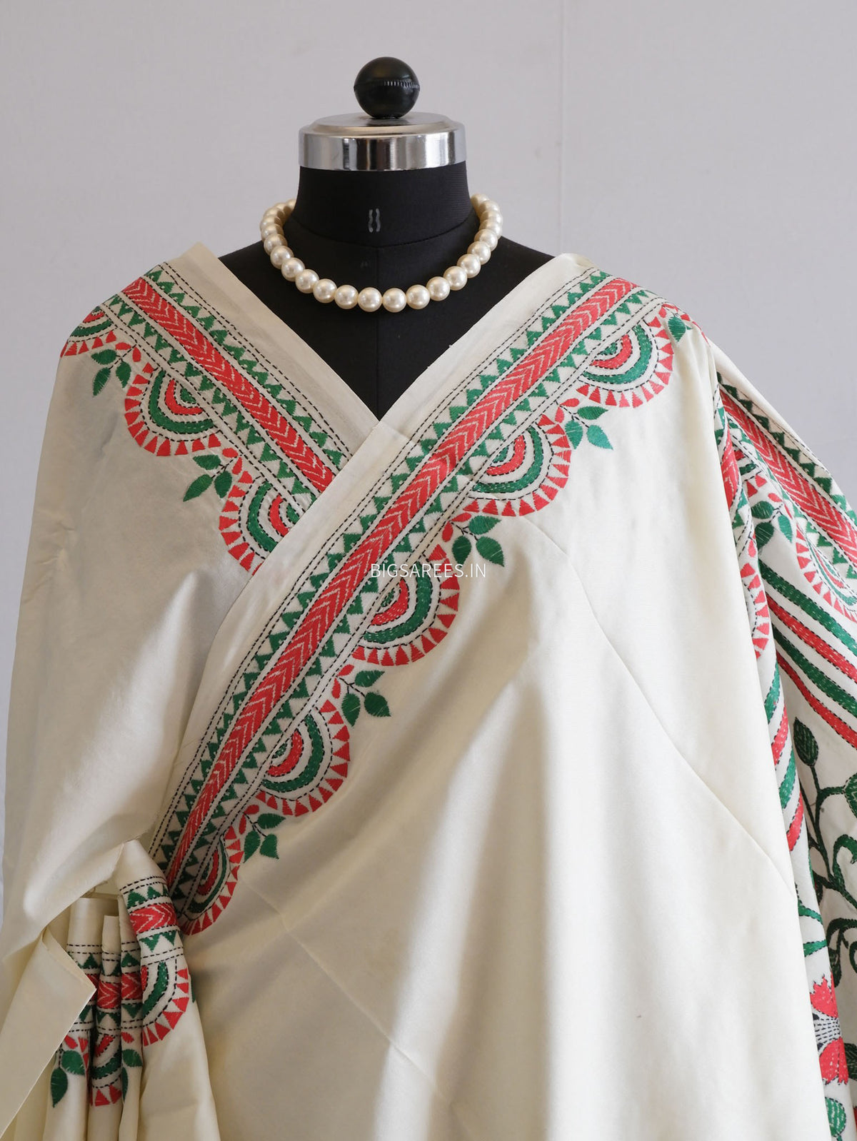 Kantha Stitch Hand Embroidered Saree | Mix Tussar Silk | Off White