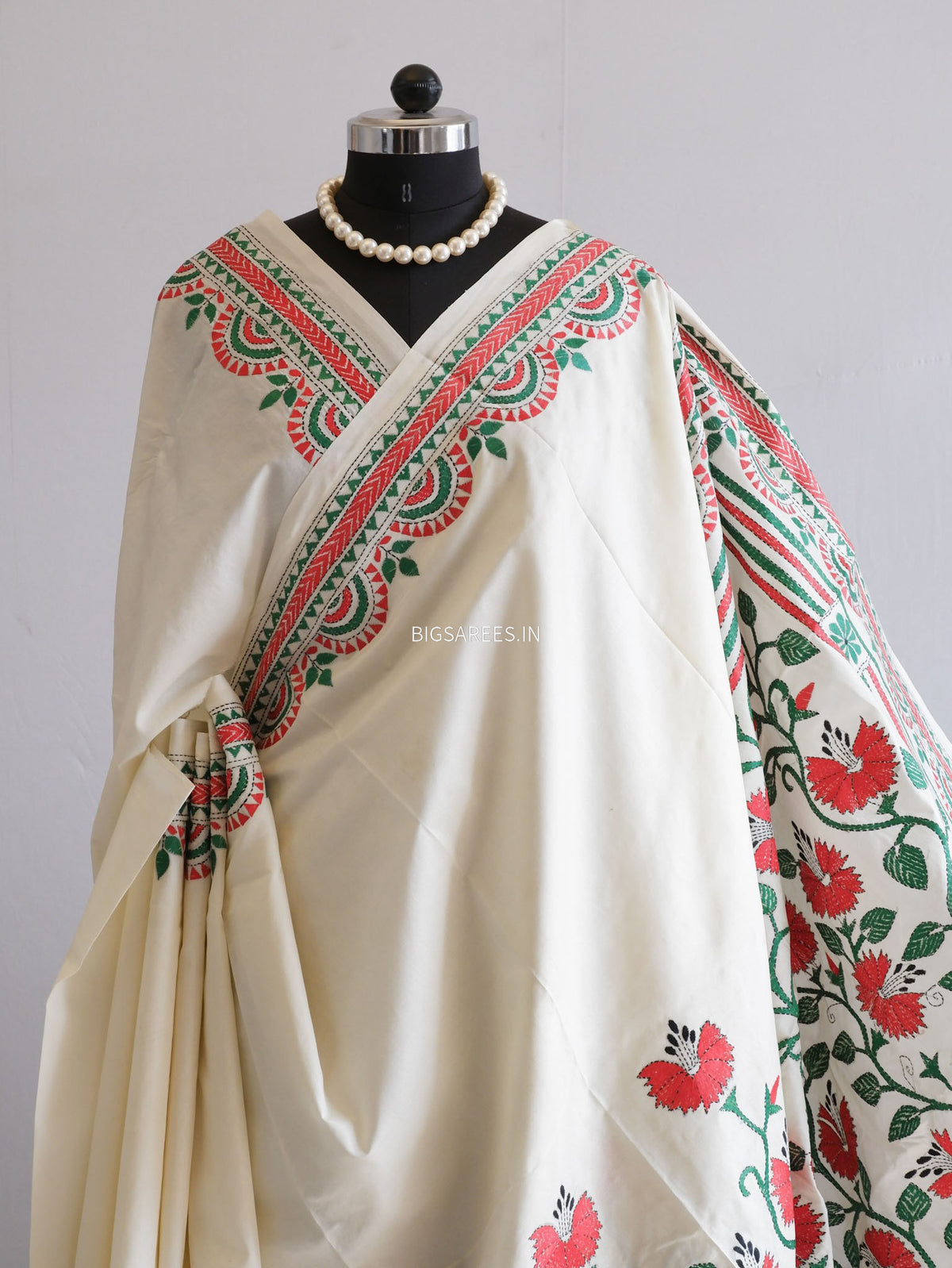 Kantha Stitch Hand Embroidered Saree | Mix Tussar Silk | Off White