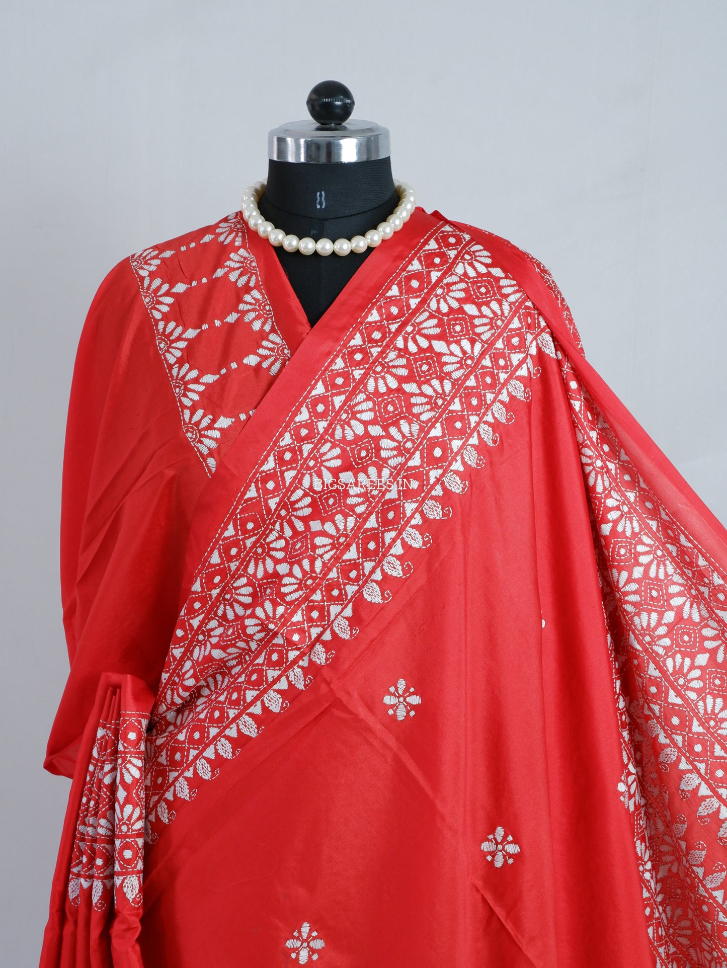 Kantha - Stitch Hand Embroidered Saree | Blended Bangalore Silk / Art Silk | Red
