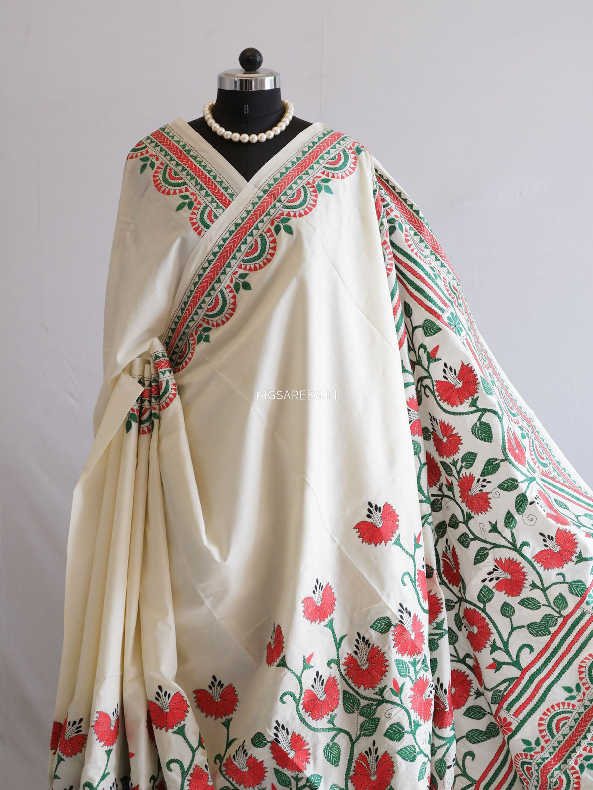 Kantha Stitch Hand Embroidered Saree | Mix Tussar Silk | Off White