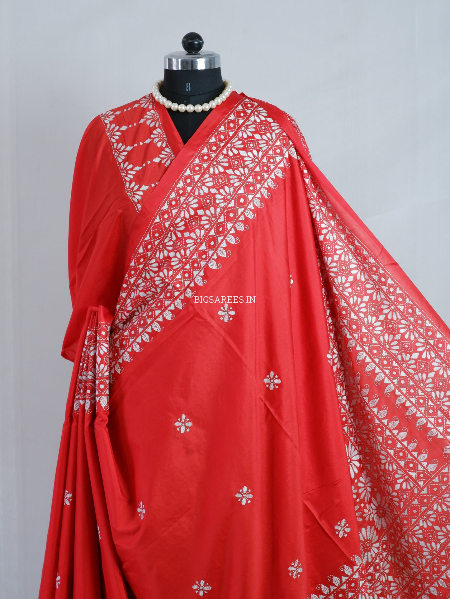 Kantha - Stitch Hand Embroidered Saree | Blended Bangalore Silk / Art Silk | Red