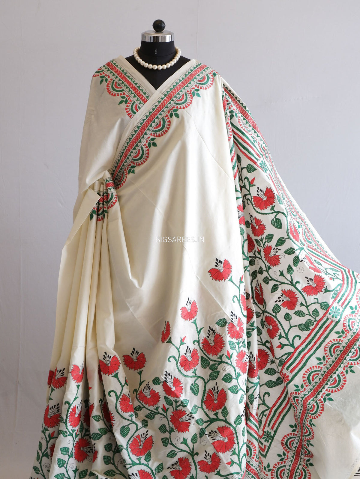 Kantha Stitch Hand Embroidered Saree | Mix Tussar Silk | Off White