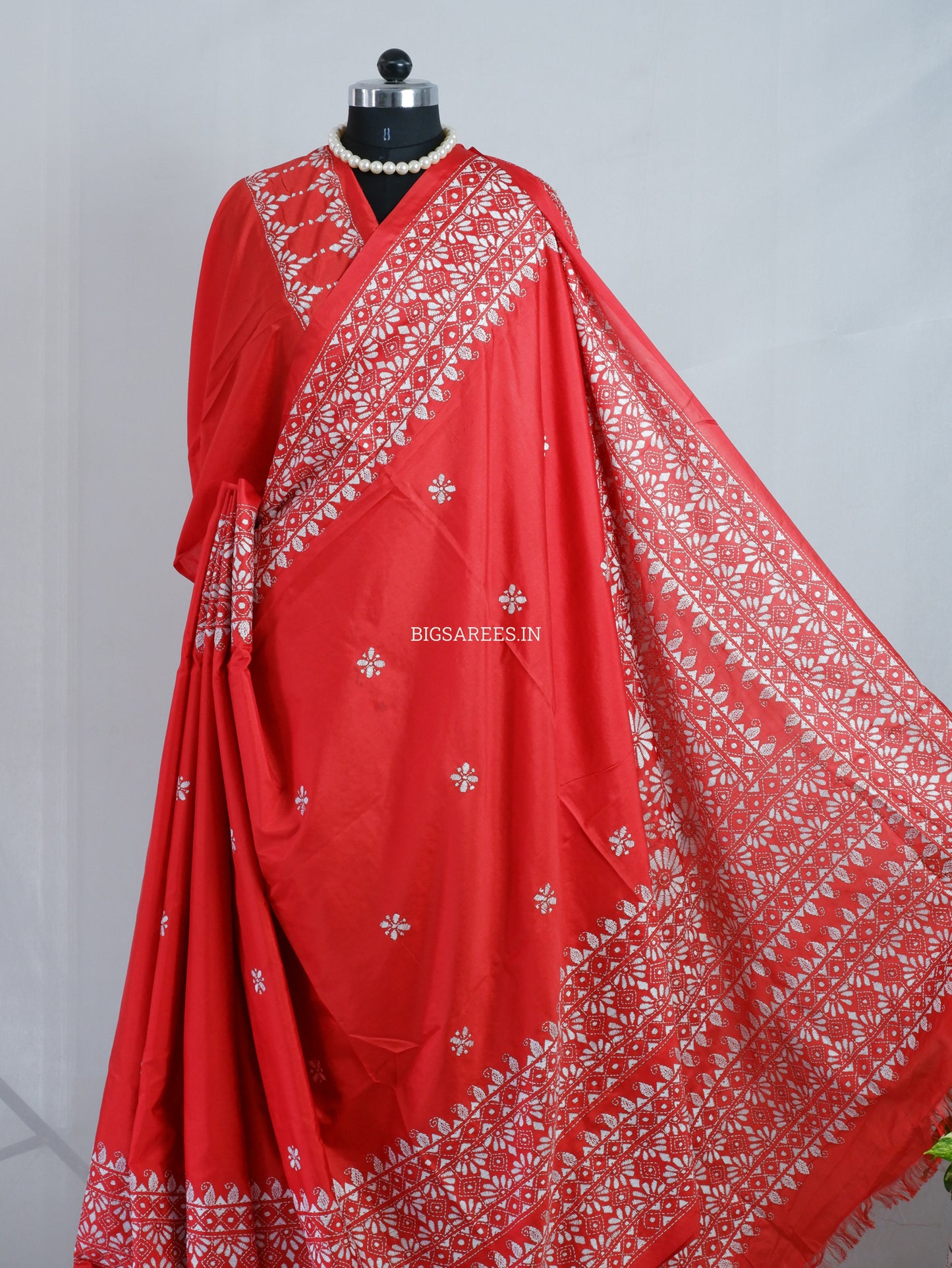 Kantha - Stitch Hand Embroidered Saree | Blended Bangalore Silk / Art Silk | Red