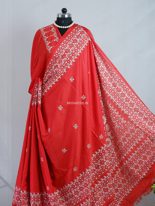Kantha - Stitch Hand Embroidered Saree | Blended Bangalore Silk / Art Silk | Red