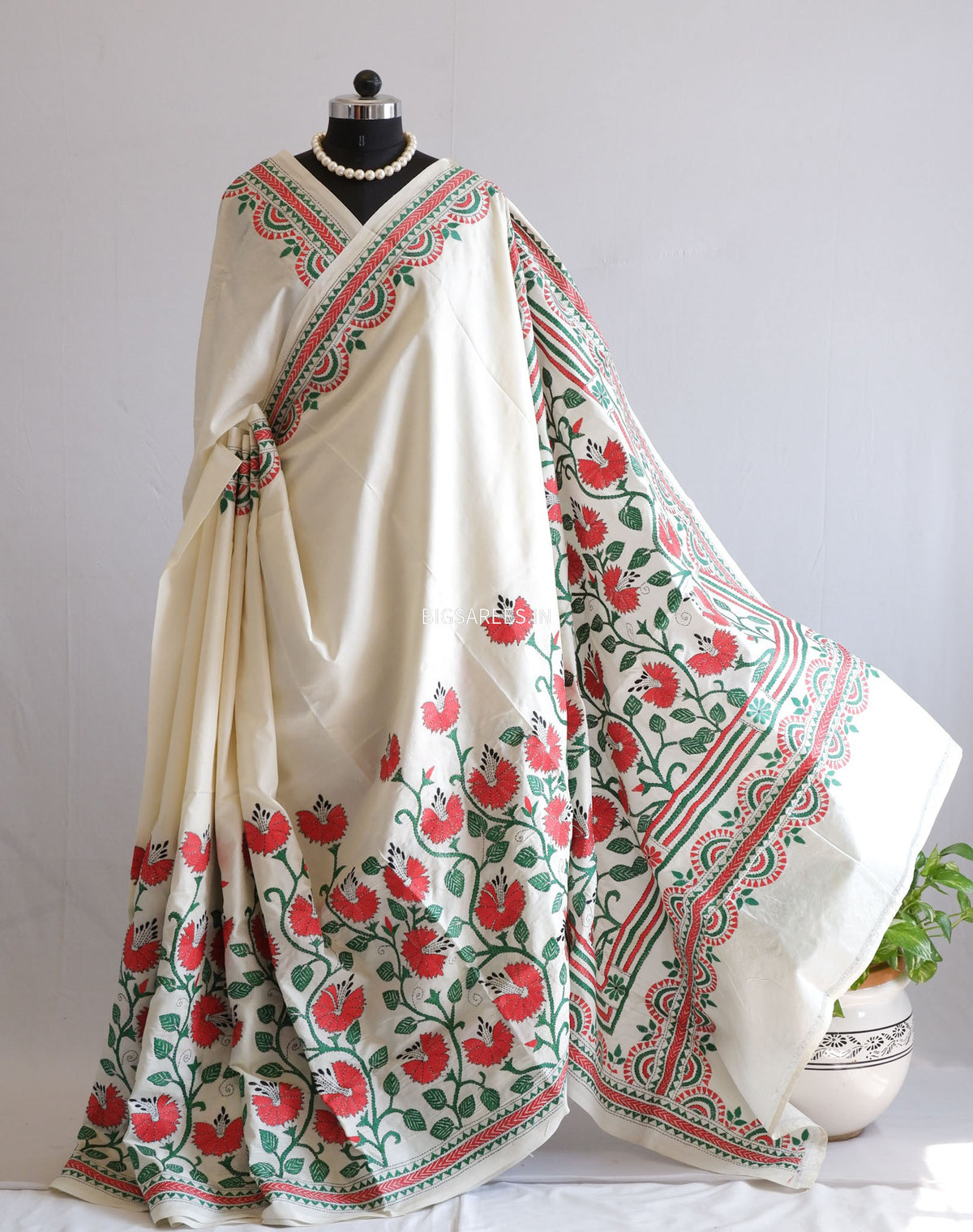 Kantha Stitch Hand Embroidered Saree | Mix Tussar Silk | Off White