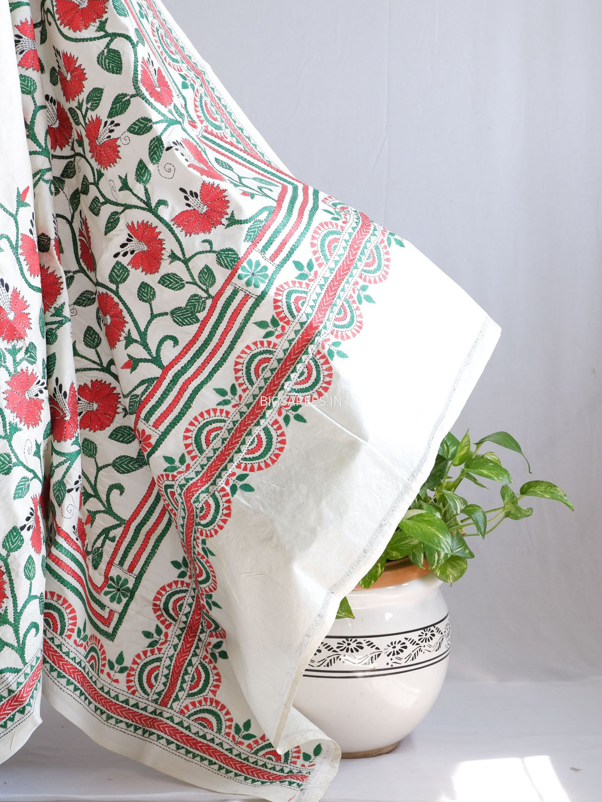 Kantha Stitch Hand Embroidered Saree | Mix Tussar Silk | Off White