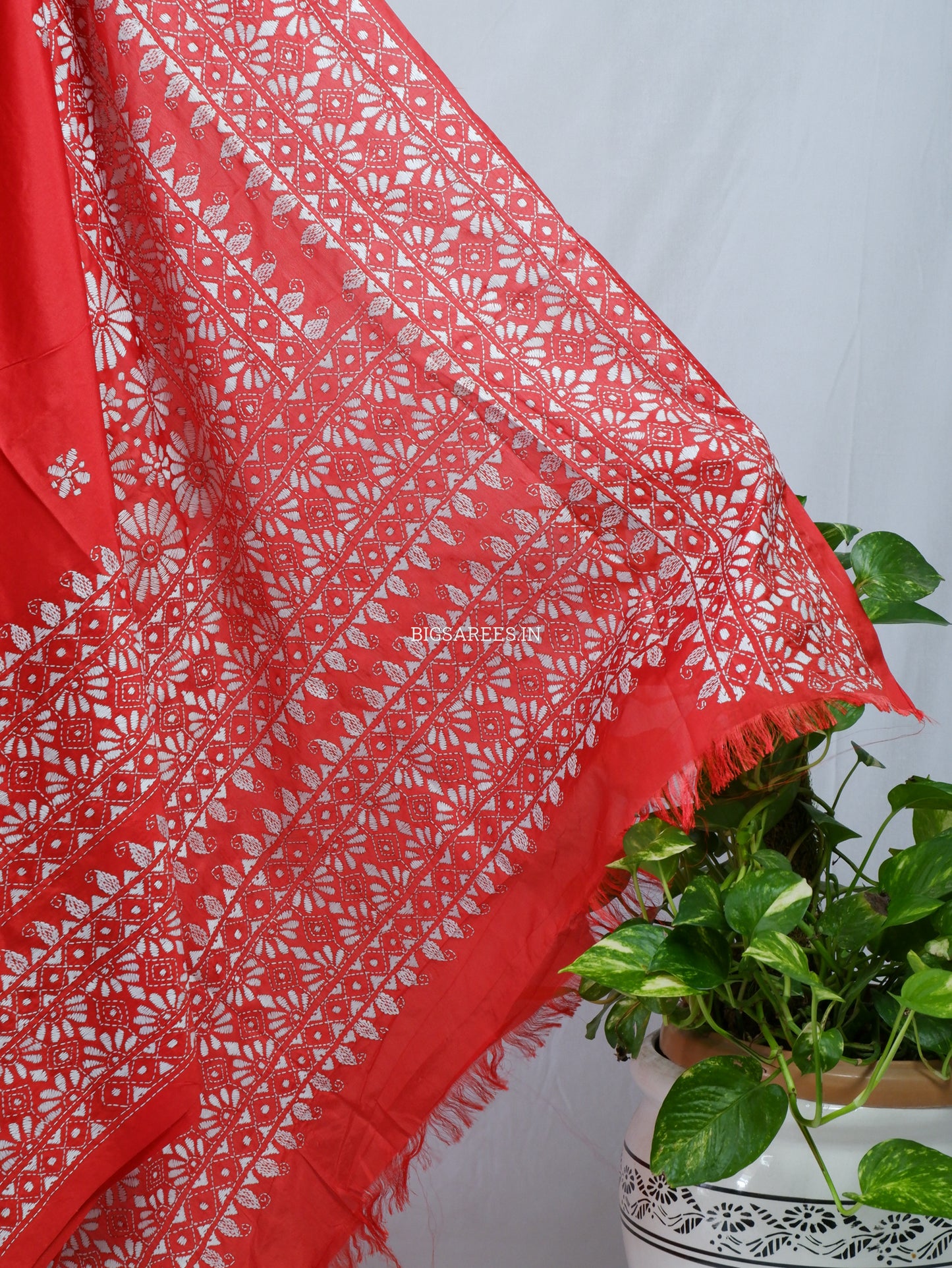 Kantha - Stitch Hand Embroidered Saree | Blended Bangalore Silk / Art Silk | Red