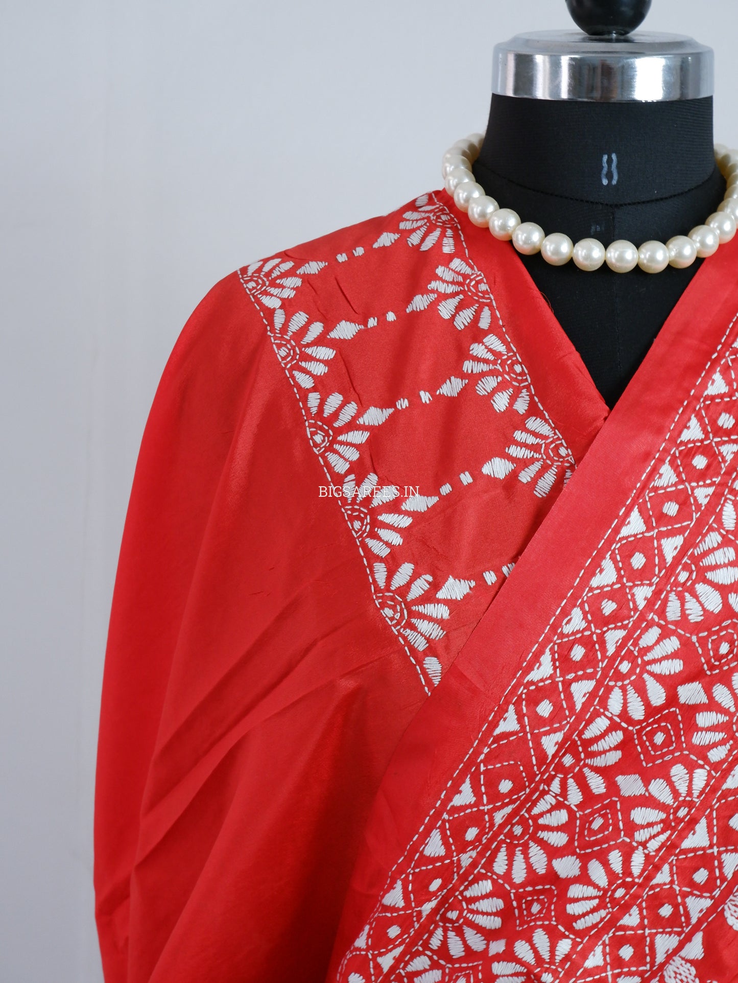 Kantha - Stitch Hand Embroidered Saree | Blended Bangalore Silk / Art Silk | Red