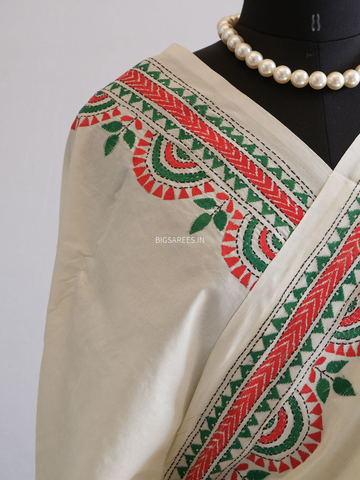 Kantha Stitch Hand Embroidered Saree | Mix Tussar Silk | Off White