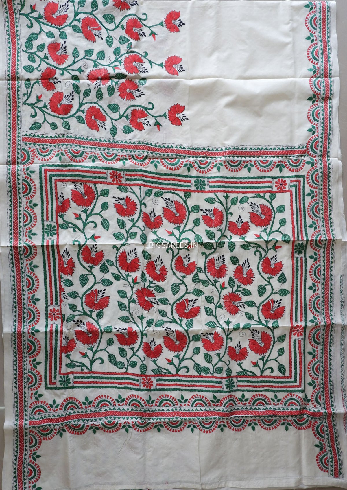 Kantha Stitch Hand Embroidered Saree | Mix Tussar Silk | Off White