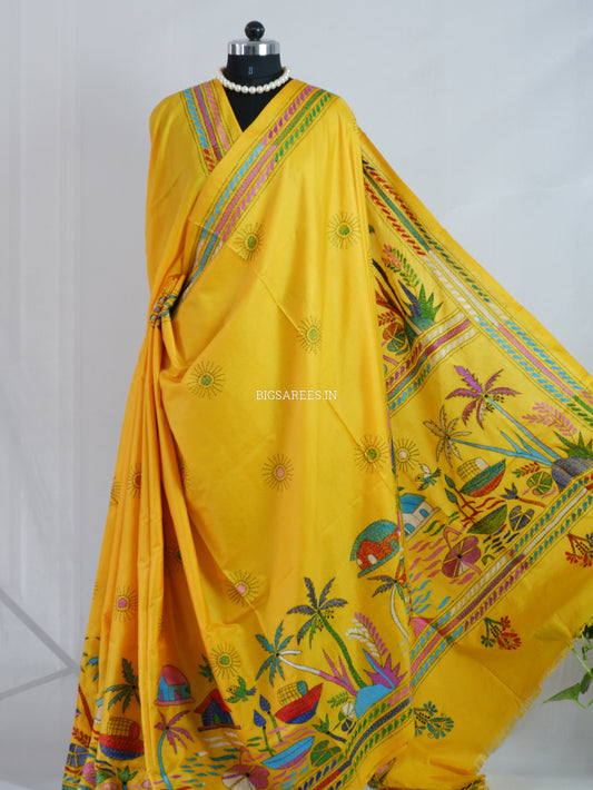 Kantha - Stitch Hand Embroidered Saree | Blended Bangalore Silk / Art Silk | Yellow
