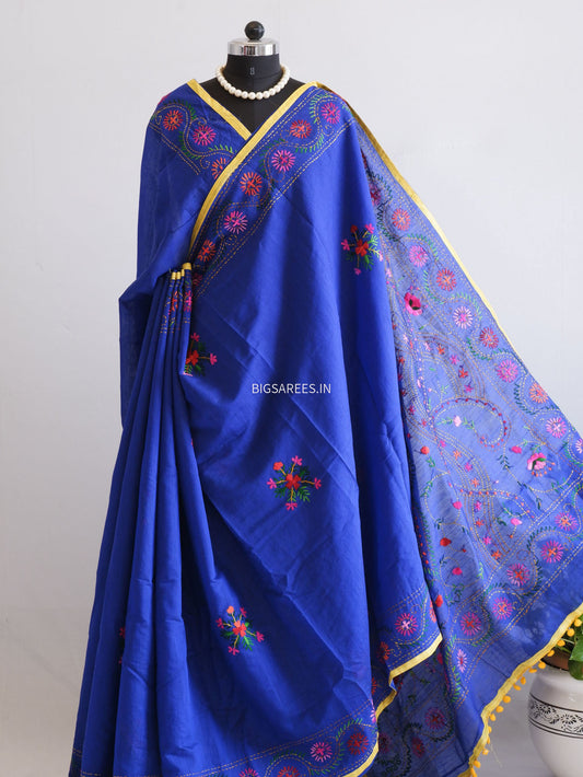 Phulkari Hand-Embroidered Saree | Chanderi Silk | Royal Blue