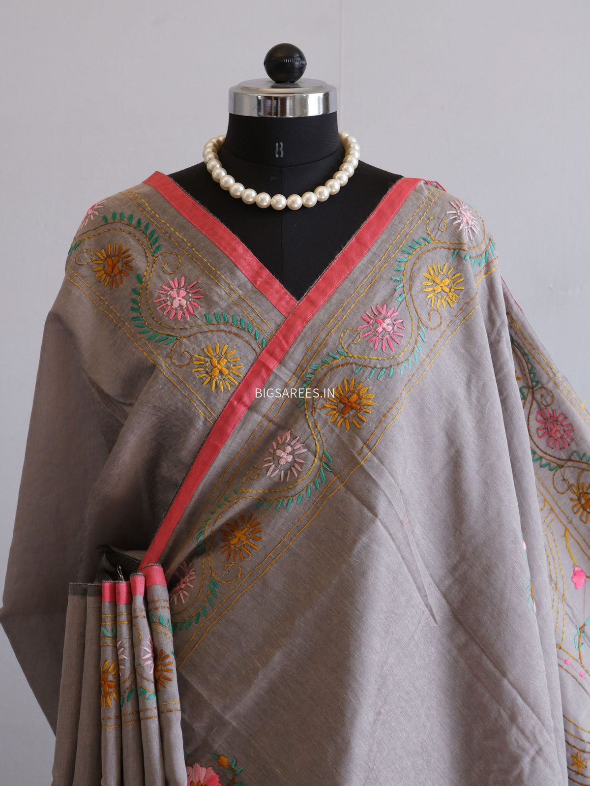 Phulkari Hand-Embroidered Saree | Chanderi Silk | Greyish Brown