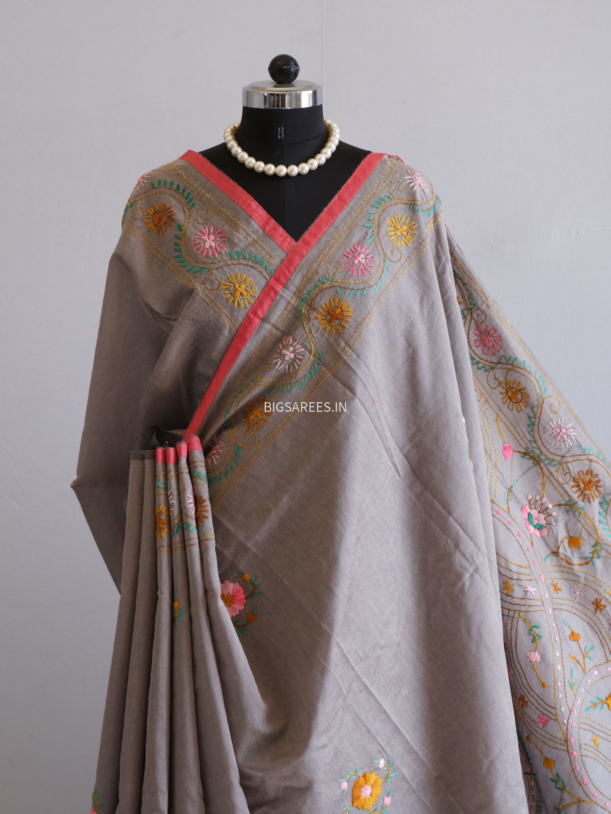 Phulkari Hand-Embroidered Saree | Chanderi Silk | Greyish Brown