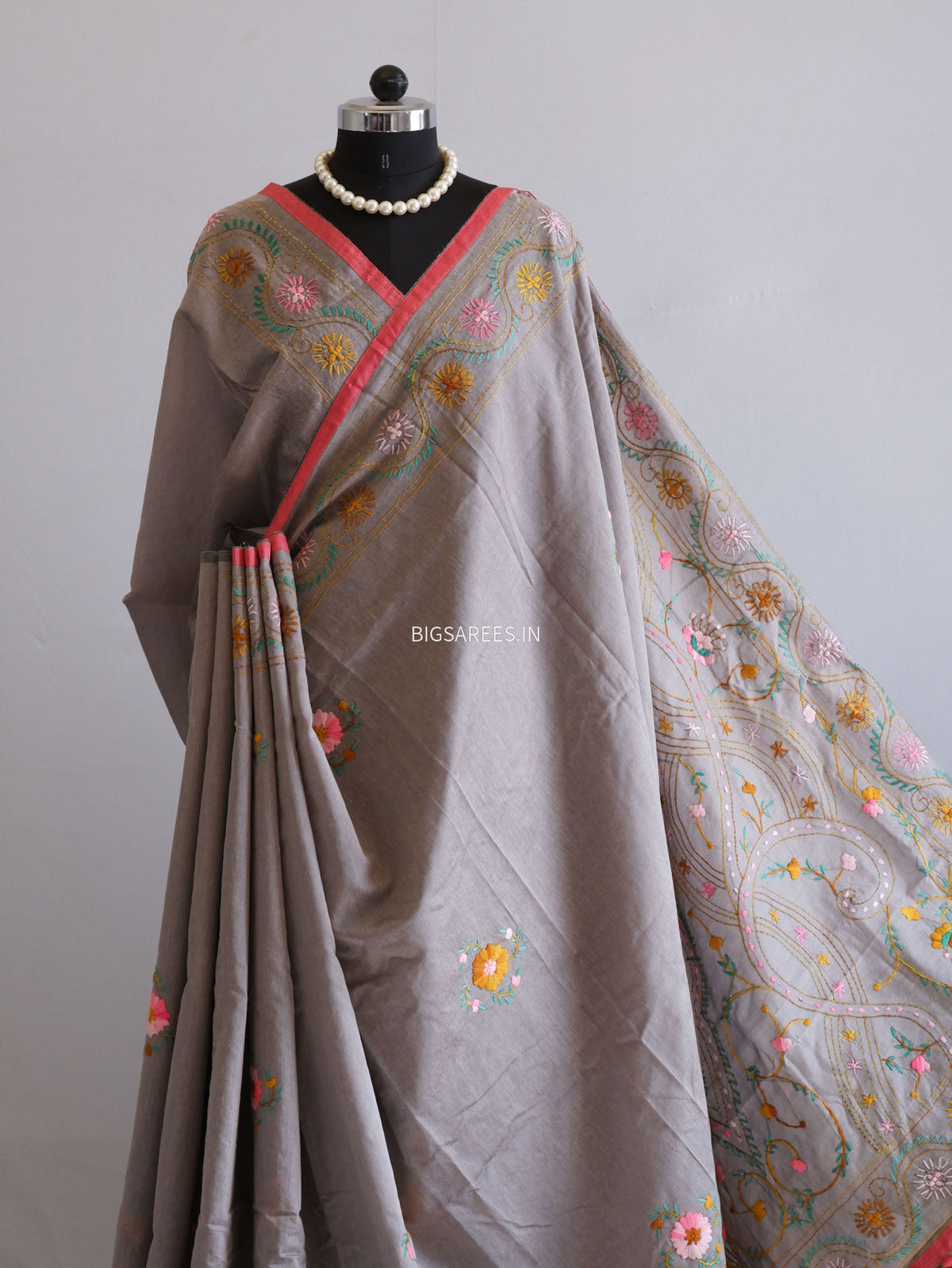 Phulkari Hand-Embroidered Saree | Chanderi Silk | Greyish Brown