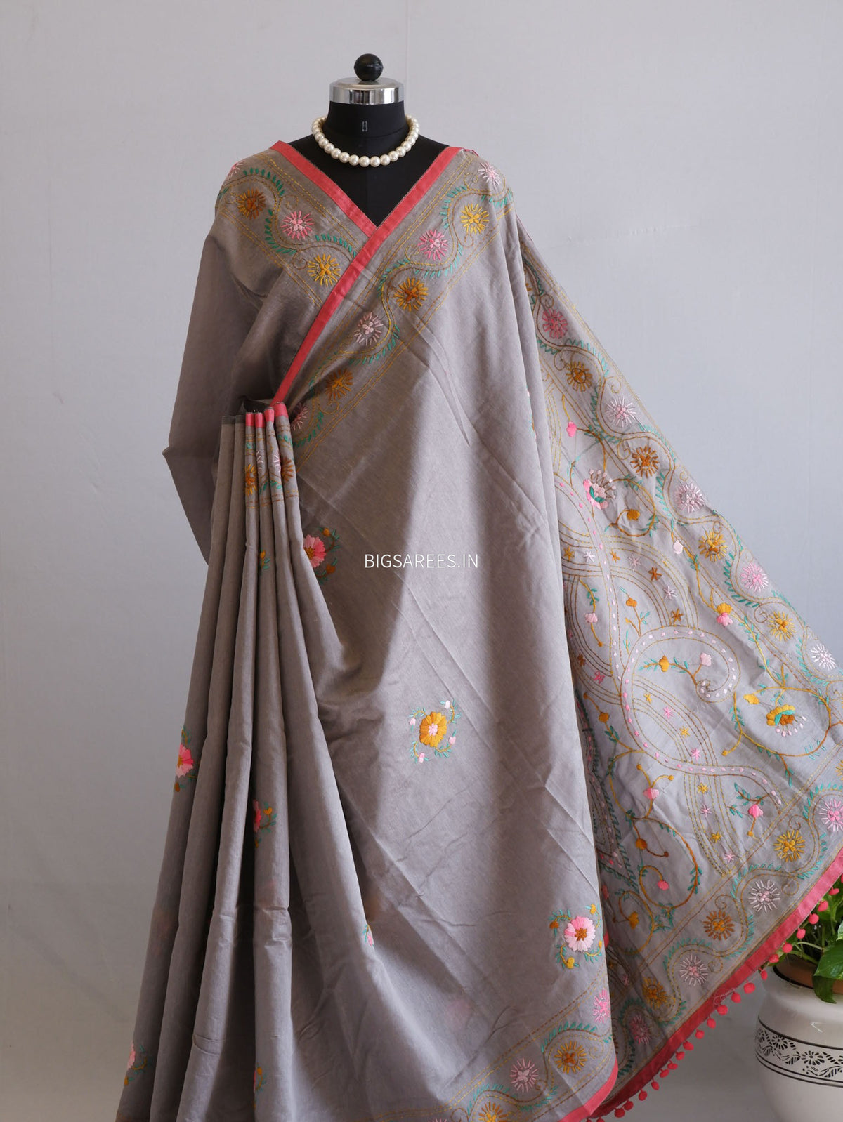 Phulkari Hand-Embroidered Saree | Chanderi Silk | Greyish Brown