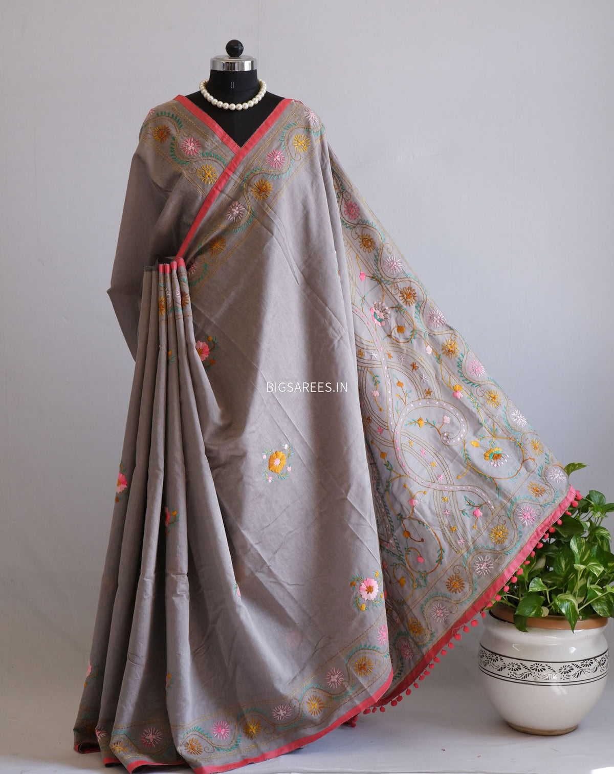 Phulkari Hand-Embroidered Saree | Chanderi Silk | Greyish Brown