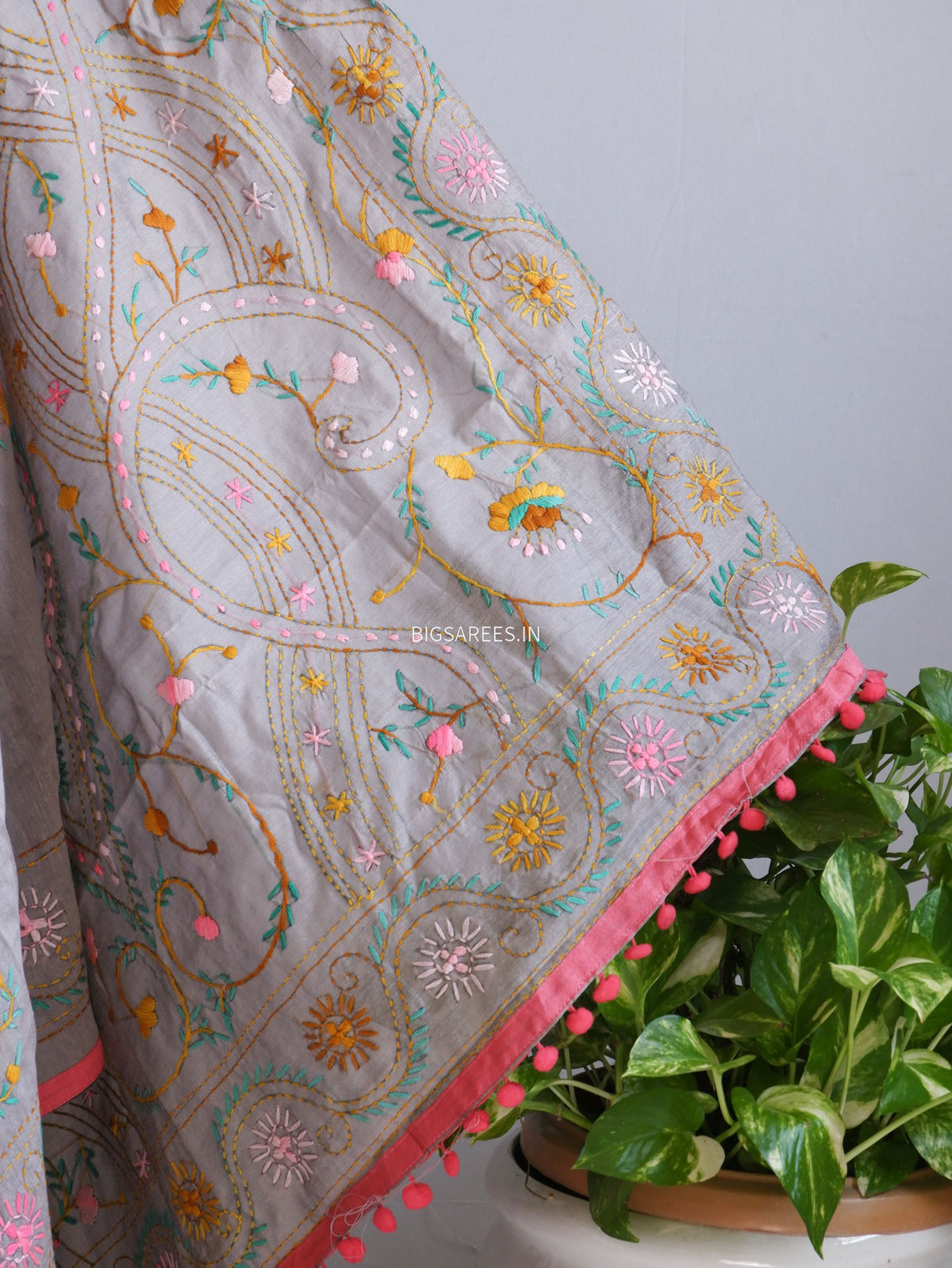 Phulkari Hand-Embroidered Saree | Chanderi Silk | Greyish Brown
