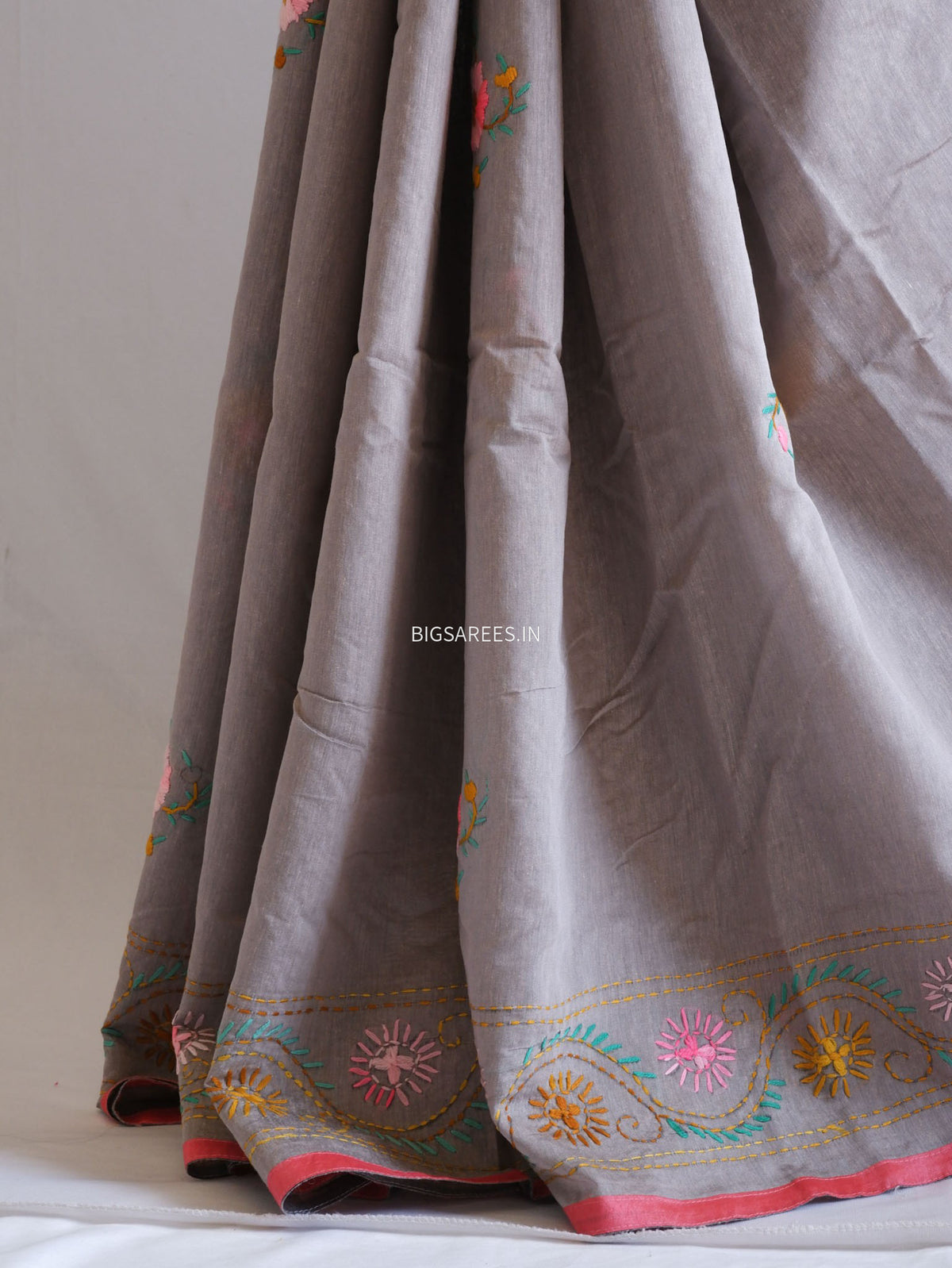 Phulkari Hand-Embroidered Saree | Chanderi Silk | Greyish Brown