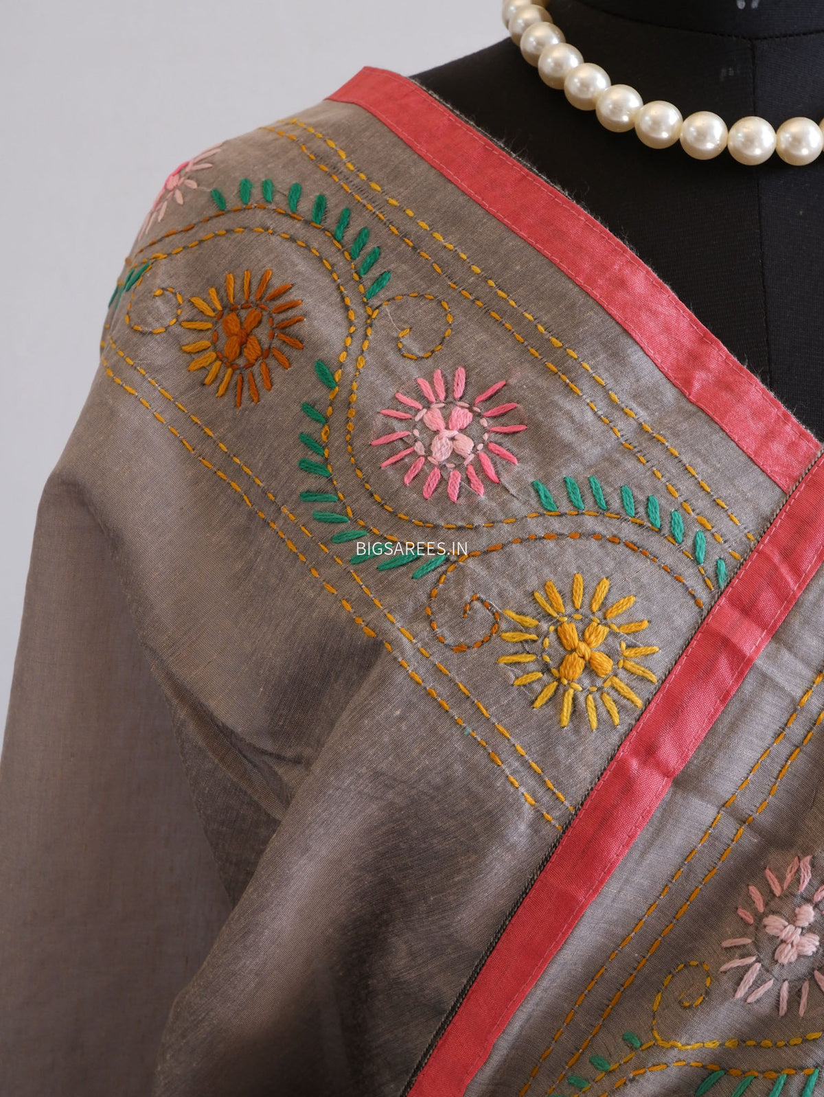 Phulkari Hand-Embroidered Saree | Chanderi Silk | Greyish Brown