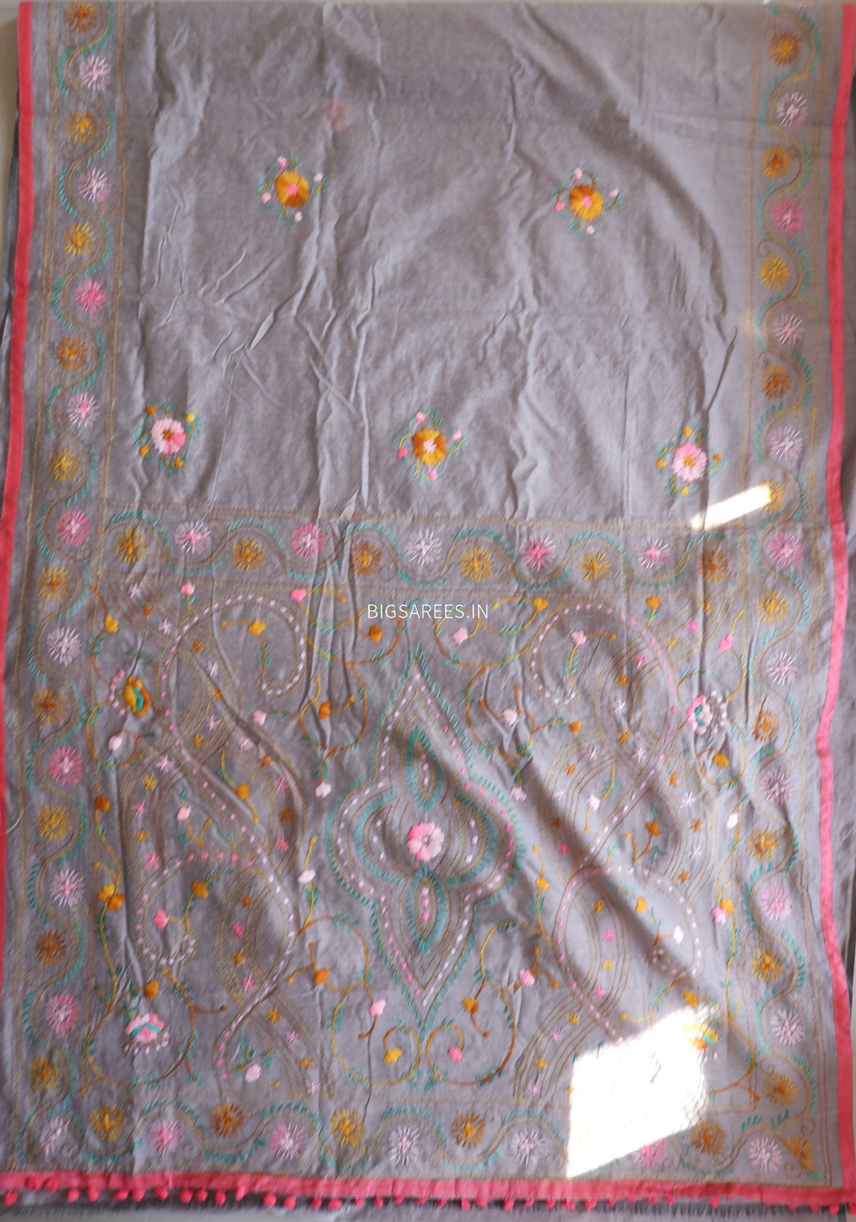 Phulkari Hand-Embroidered Saree | Chanderi Silk | Greyish Brown