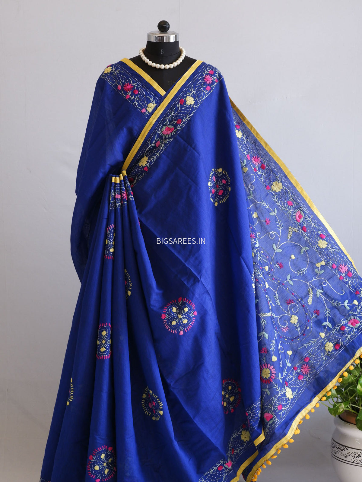 Phulkari Hand-Embroidered Saree | Chanderi Silk | Royal Blue